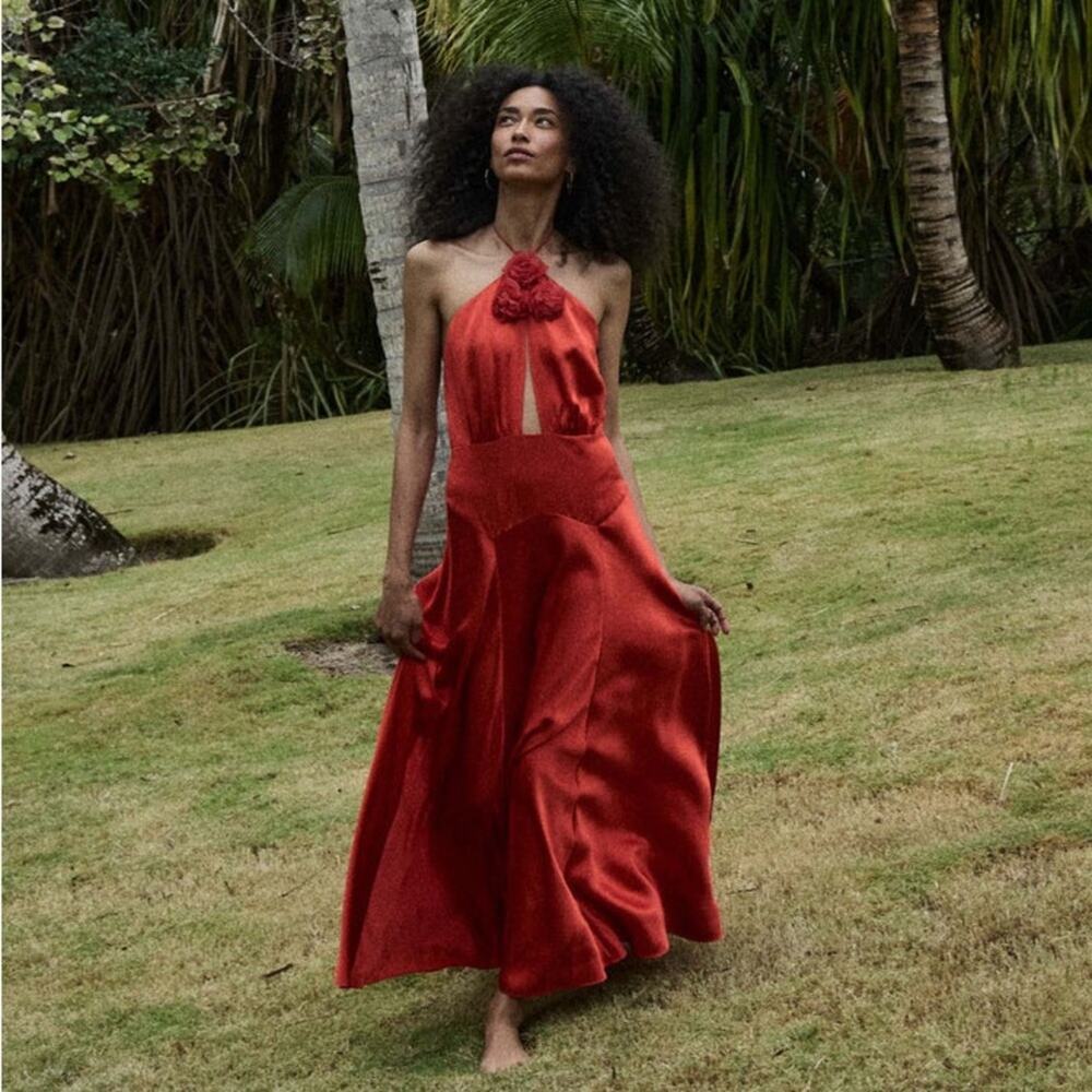 NWT Doen Lilaia Silk Rosette Rose Halter Maxi Dress Gown Fiery Coral Red